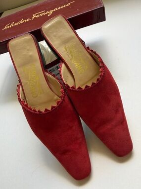 Salvatore Ferragamo Red Suede Pointed Backless Mules